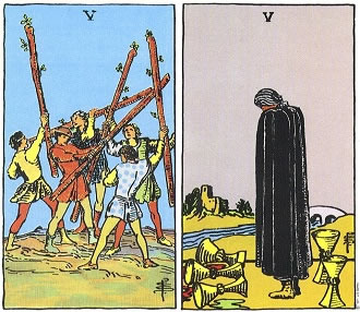 Five of Wands and Five of Cups - RWS Tarot deck. Five of Wands and Five of Cups - RWS Tarot deck.