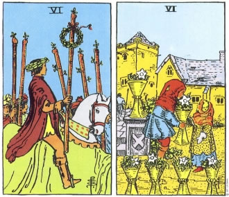 Six of Wands and Six of Cups - RWS Tarot deck. Six of Wands and Six of Cups - RWS Tarot deck.