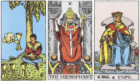 4 of Cups, The Hierophant, King of Cups - RWS Tarot deck. 4 of Cups, The Hierophant, King of Cups - RWS Tarot deck.