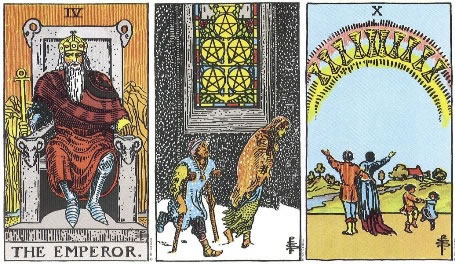 The Emperor, 5 of Pentacles, 10 of Cups - RWS Tarot deck. The Emperor, 5 of Pentacles, 10 of Cups - RWS Tarot deck.