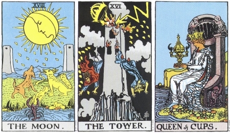 The Moon, The Tower, Queen of Cups -- RWS Tarot deck. The Moon, The Tower, Queen of Cups -- RWS Tarot deck.