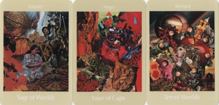 Sage of Worlds, Four of Cups, Ten of Worlds -- Voyager Tarot deck. Sage of Worlds, Four of Cups, Ten of Worlds -- Voyager Tarot deck.