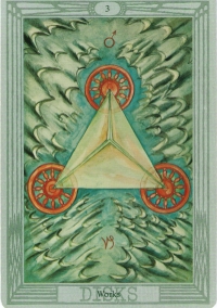 Three of Disks -- Thoth Tarot deck. Three of Disks -- Thoth Tarot deck.