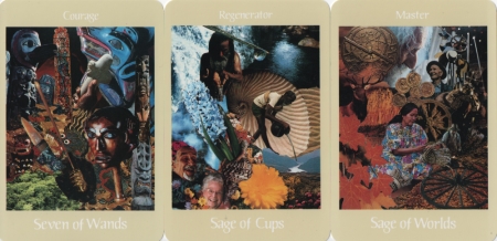 Seven of Wands, Sage of Cups, Sage of Worlds -- Voyager Tarot deck. Seven of Wands, Sage of Cups, Sage of Worlds -- Voyager Tarot deck.