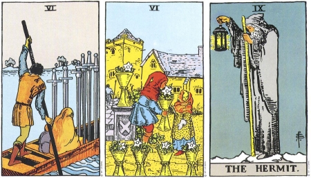 Six of Swords, Six of Cups, The Hermit -- RWS Tarot deck. Six of Swords, Six of Cups, The Hermit -- RWS Tarot deck.