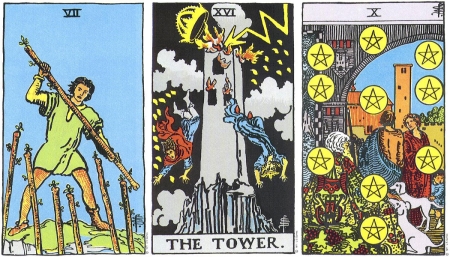 Seven of Wands, The Tower, Ten of Pentacles -- RWS Tarot deck. Seven of Wands, The Tower, Ten of Pentacles -- RWS Tarot deck.