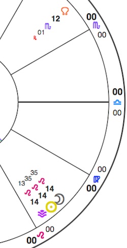 Simplified chart section for the Leo New Moon, showing the Sun and Moon conjunct Vesta (purple chevron) in Leo. Also shown is the lunar North Node, standing in visually for Psyche, which is at 15+ Scorpio.