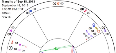 Simplified chart section showing Venus conjunct Saturn and the lunar North Node in Scorpio (right side) trine Chiron in Pisces (left). Also shown: the Moon in mid-Pisces, approaching its conjunction to Salacia and opposition to the Sun. View glyph key here.