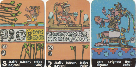 Eight of Staffs, Two of Staffs, King of Cups -- Xultun Mayan Tarot deck. Eight of Staffs, Two of Staffs, King of Cups -- Xultun Mayan Tarot deck.