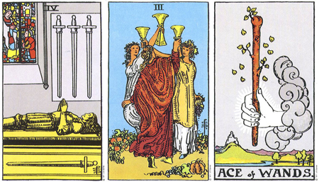 Four of Swords, Three of Cups, Ace of Wands -- RWS Tarot deck. Four of Swords, Three of Cups, Ace of Wands -- RWS Tarot deck.