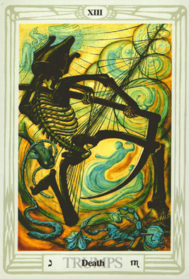 This is the death card from the Thoth tarot. Illustrated in the 1940s, the image depicts the double helix of DNA that was not discovered until 1953. The helix is the genetic line, which is populated by the ghosts of our ancestors. This is the Scorpio card.