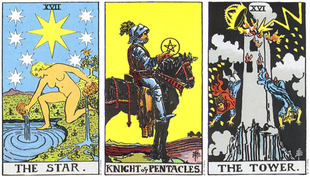 The Star, Knight of Pentacles, The Tower -- RWS Tarot deck. The Star, Knight of Pentacles, The Tower -- RWS Tarot deck.