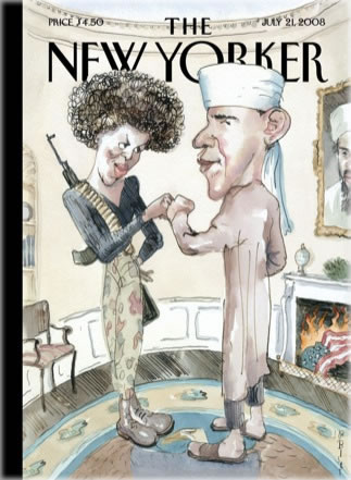 The Politics of Fear: The now infamous New Yorker magazine cover, meant to be satirical, from July 21, 2008. The Politics of Fear: The now infamous New Yorker magazine cover, meant to be satirical, from July 21, 2008.