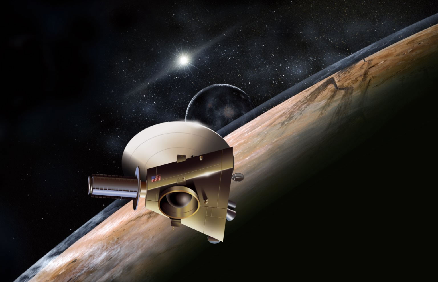 New Horizons at Pluto Artist's concept of the New Horizons spacecraft during a planned encounter with Pluto and its moon, Charon. NASA Images.