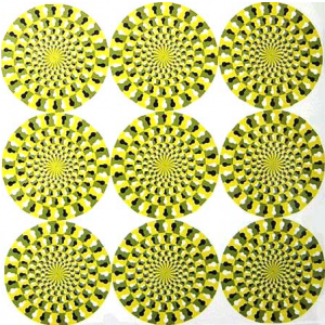 At a glance, these circles appear to slither, however, upon further study, it becomes apparent that they are stationary. An optical illusion reveals perception to be a mutable force in our lives.