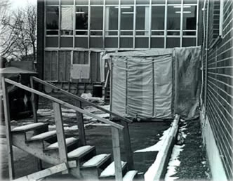 bliss Bliss Dormitory at SUNY New Paltz, scene of one of the worst indoor PCB disasters in New York State history. Students' property in half the building was deposited into a toxic waste dump; the other half was returned without being tested or cleaned. It was re-opened to students about 18 months after the explosion. Photo dated 1992 by Eric Francis.
