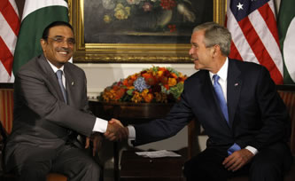 bush_and_zardari_2008-9-23 President George W. Bush shakes hands with President Asif Ali Zardari of Pakistan during their meeting Tuesday, Sept. 23, 2008, at The Waldorf-Astoria Hotel in New York. Said President Bush, "Pakistan is an ally, and I look forward to deepening our relationship... Your words have been very strong about Pakistan's sovereign right and sovereign duty to protect your country, and the United States wants to help." Photo by Eric Draper.