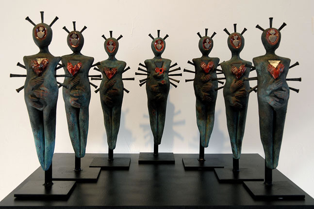 Sacrifice — Janis and the Vestal Virgins stoneware with mixed media. Rebecca Reagan Boatman.