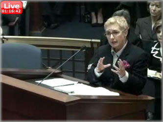 terry-stewart-prop-8-hearing-rebuttal Terry Stewart, representing the City and County of San Francisco, presenting her rebuttal to overturn Proposition 8. "If the people seek to take a right that’s fundamental away from a suspect class, the court has recognized that when the majority takes away rights that don’t apply to itself -- when the court sees a law like that -- then the court applies a kind of heightened scrutiny."