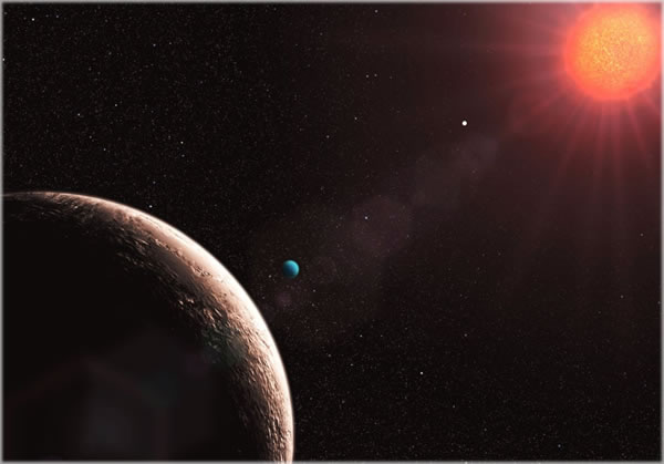 After more than four years of observations using the most successful low-mass-exoplanet hunter in the world, the HARPS spectrograph attached to the 3.6m ESO telescope at La Silla, Chile, astronomers have discovered in this system the lightest exoplanet found so far: Gliese 581-e (foreground) is only about twice the mass of our Earth. The Gliese 581 planetary system now has four known planets, with masses of about 1.9 (planet e, left in the foreground), 16 (planet b, nearest to the star), 5 (planet c, center), and 7 Earth-masses (planet d, with the bluish color). The planet furthest out, Gliese 581 d, orbits its host star in 66.8 days, while Gliese 581 e completes its orbit in 3.15 days. After more than four years of observations using the most successful low-mass-exoplanet hunter in the world, the HARPS spectrograph attached to the 3.6m ESO telescope at La Silla, Chile, astronomers have discovered in this system the lightest exoplanet found so far: Gliese 581-e (foreground) is only about twice the mass of our Earth. The Gliese 581 planetary system now has four known planets, with masses of about 1.9 (planet e, left in the foreground), 16 (planet b, nearest to the star), 5 (planet c, center), and 7 Earth-masses (planet d, with the bluish color). The planet furthest out, Gliese 581 d, orbits its host star in 66.8 days, while Gliese 581 e completes its orbit in 3.15 days.