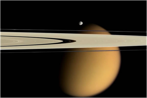 Titan Beyond the Rings. Credit: Cassini Imaging Team, ISS, JPL, ESA, NASA. Titan Beyond the Rings, from Cassini spacecraft now orbiting Saturn. Credit: Cassini Imaging Team, ISS, JPL, ESA, NASA.