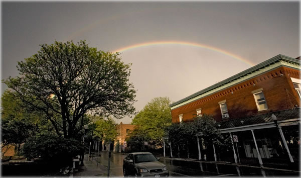 Double rainbow over the historic district of Kingston, New York. This is the Revolutionary War era part of the city, which was the first capital of New York State. Photo by Eric Francis.