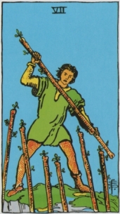 The 7 of Wands from the Rider-Waite Smith tarot deck The 7 of Wands from the Rider-Waite Smith tarot deck