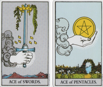 Ace of Swords and Ace of Pentacles - RWS tarot. Ace of Swords and Ace of Pentacles - RWS tarot.