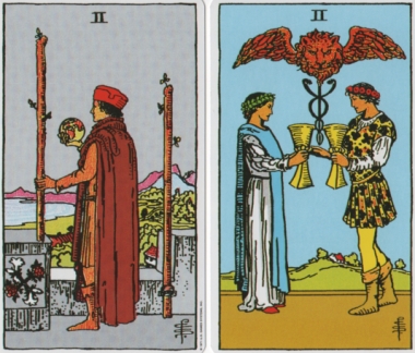 The Two of Wands and the Two of Cups - RWS Tarot deck. The Two of Wands and the Two of Cups - RWS Tarot deck.