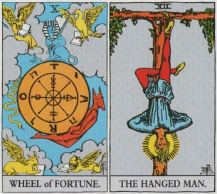 Wheel of Fortune and The Hanged Man - RWS Tarot deck. Wheel of Fortune and The Hanged Man - RWS Tarot deck.