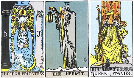 The High Priestess, The Hermit, Queen of Wands - RWS Tarot deck. The High Priestess, The Hermit, Queen of Wands - RWS Tarot deck.