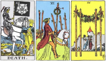 Death, 6 of Wands, 4 of Wands - RWS Tarot deck. Death, 6 of Wands, 4 of Wands - RWS Tarot deck.