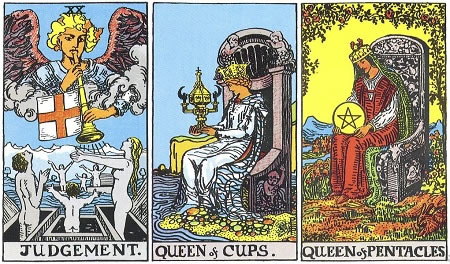Judgement, Queen of Cups, Queen of Pentacles - RWS Tarot deck. Judgement, Queen of Cups, Queen of Pentacles - RWS Tarot deck.