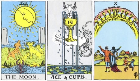 The Moon, Ace of Cups, 10 of Cups - RWS Tarot deck. The Moon, Ace of Cups, 10 of Cups - RWS Tarot deck.