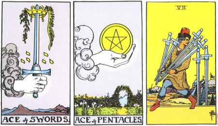 Ace of Swords, Ace of Pentacles, 7 of Swords - RWS Tarot deck. Ace of Swords, Ace of Pentacles, 7 of Swords - RWS Tarot deck.