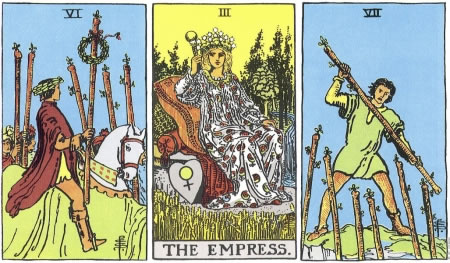 6 of Wands, The Empress, 7 of Wands - RWS Tarot deck. 6 of Wands, The Empress, 7 of Wands - RWS Tarot deck.