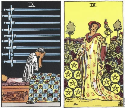 9 of Swords and 9 of Pentacles - RWS Tarot deck. 9 of Swords and 9 of Pentacles - RWS Tarot deck.