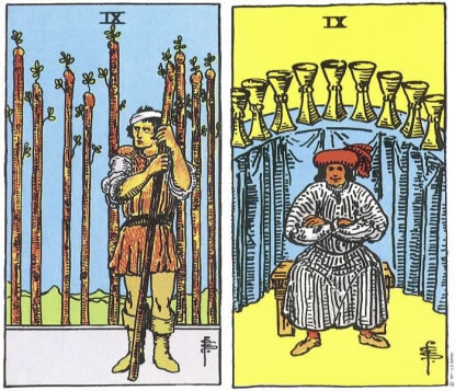 9 of Wands and 9 of Cups - RWS Tarot deck. 9 of Wands and 9 of Cups - RWS Tarot deck.