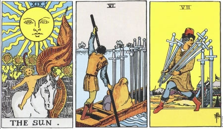 The Sun, 6 of Swords, 7 of Swords - RWS Tarot deck. The Sun, 6 of Swords, 7 of Swords - RWS Tarot deck.