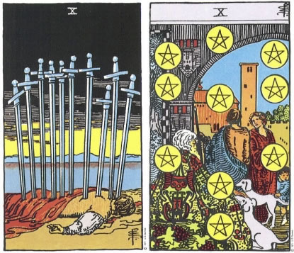Ten of Swords and Ten of Pentacles - RWS Tarot deck. Ten of Swords and Ten of Pentacles - RWS Tarot deck.