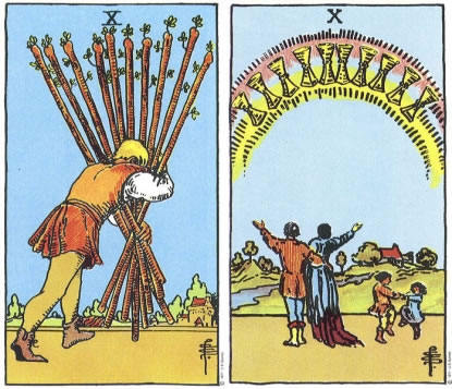 Ten of Wands and Ten of Cups - RWS Tarot deck. Ten of Wands and Ten of Cups - RWS Tarot deck.