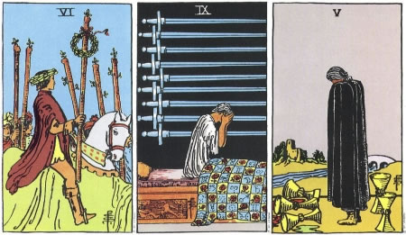 6 of Wands, 9 of Swords, 5 of Cups - RWS Tarot deck.