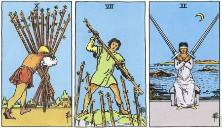 Ten of Wands, Seven of Wands, Two of Swords - RWS Tarot deck. Ten of Wands, Seven of Wands, Two of Swords - RWS Tarot deck.