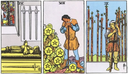 Four of Swords, Seven of Pentacles, Nine of Wands - RWS Tarot deck.