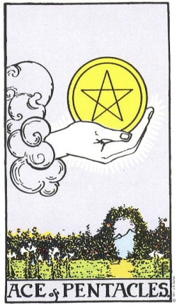 Ace of Pentacles -- RWS Tarot deck. Ace of Pentacles -- RWS Tarot deck.