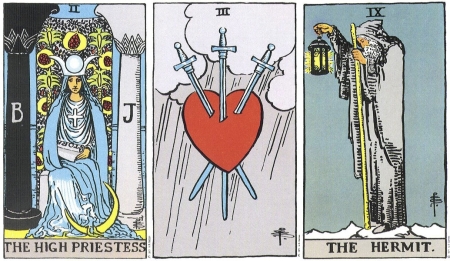 The High Priestess, Three of Swords, The Hermit - RWS Tarot deck. The High Priestess, Three of Swords, The Hermit - RWS Tarot deck.