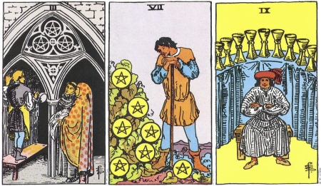 Three of Pentacles, Seven of Pentacles, Nine of Cups -- RWS Tarot deck. Three of Pentacles, Seven of Pentacles, Nine of Cups -- RWS Tarot deck.