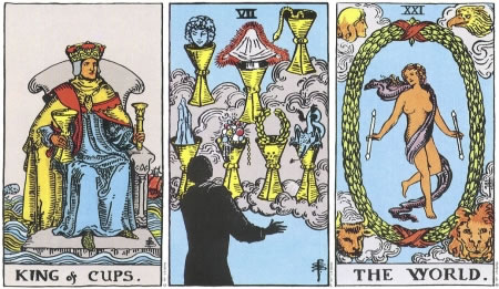 King of Cups, Seven of Cups, The World -- RWS Tarot deck.