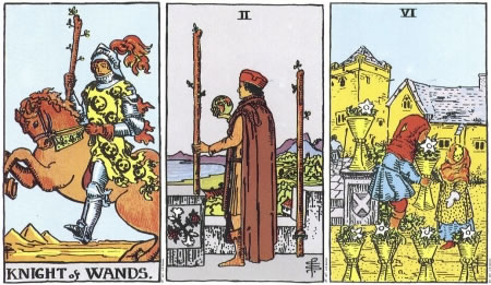 Knight of Wands, Two of Wands, Six of Cups -- RWS Tarot deck. Knight of Wands, Two of Wands, Six of Cups -- RWS Tarot deck.