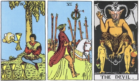 Four of Cups, Six of Wands, The Devil -- RWS Tarot deck. Four of Cups, Six of Wands, The Devil -- RWS Tarot deck.